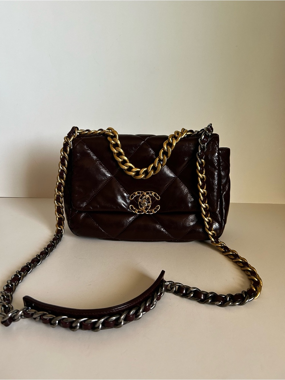 CHANEL Brown Quilted Leather Crossbody with Mixed Gold-Silver Chain